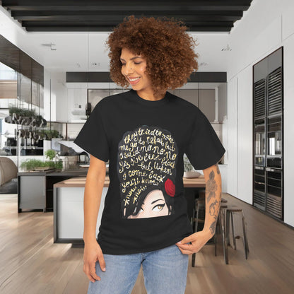 Amy Rehab Lyrics Graphic Tee - Luxurious Unisex Cotton T-Shirt worn by a model in a chic kitchen setting, featuring bold lyrics in an artistic style.