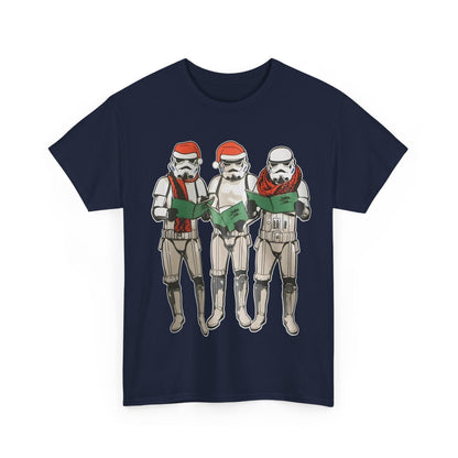 Refined Carol Singing Stormtroopers Star Wars Graphic T-Shirt, featuring joyful Stormtroopers serenading in Christmas attire, epitomising unique fashion for the modern enthusiast.