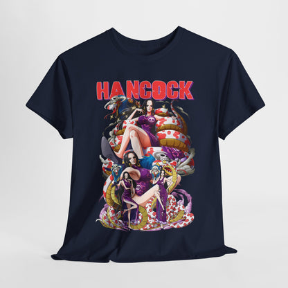 Fashionable Hancock Anime T-Shirt: Navy blue tee presented in a stylish pose, adorned with captivating anime graphics of Hancock, perfect for trendsetters.