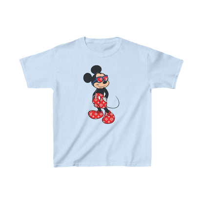 Unisex Kids Mickey Mouse LV Cotton T-Shirt Tee in light blue, featuring a stylish Mickey Mouse in Louis Vuitton attire, perfect for young trendsetters.