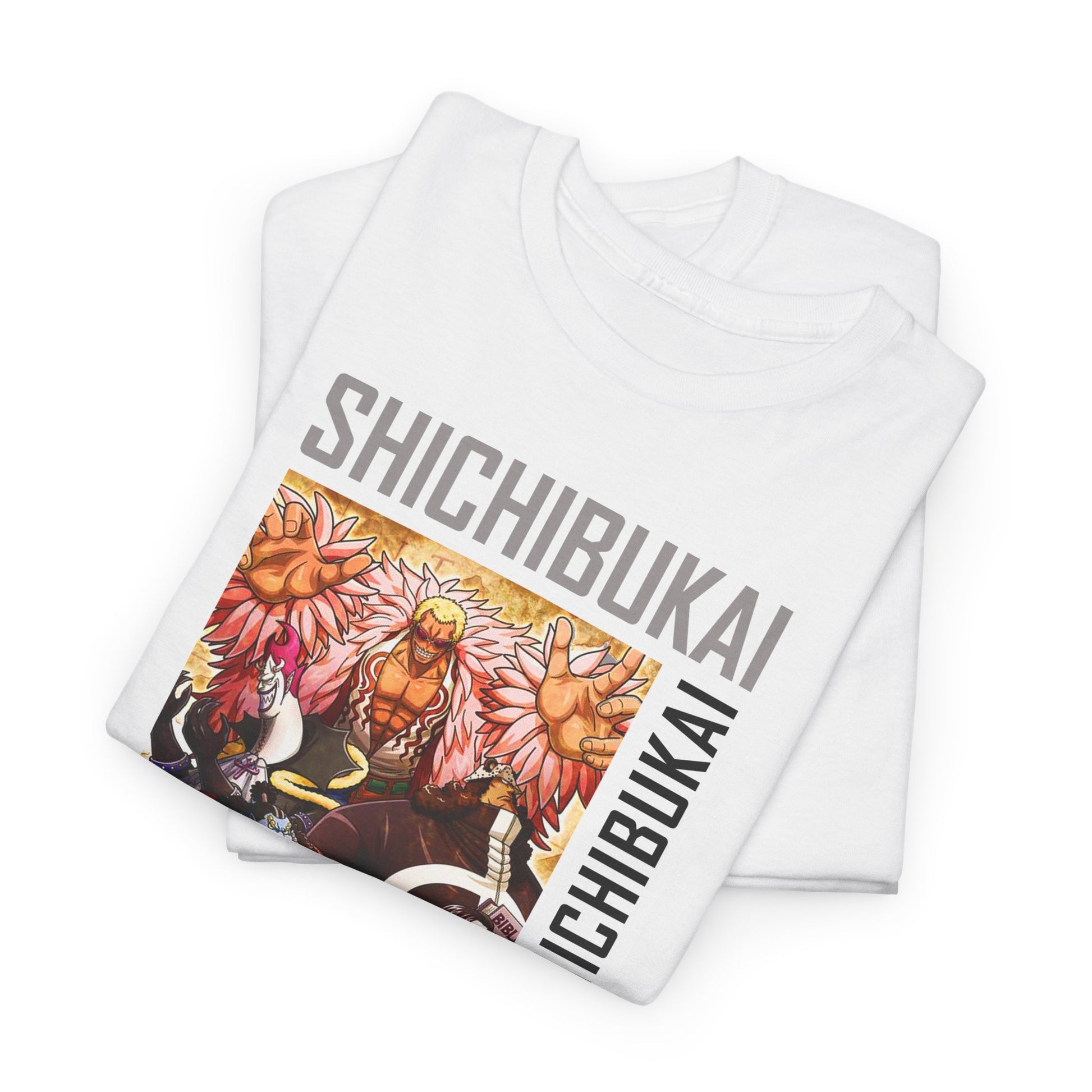 Artisan folded white men's Shichibukai t-shirts, showcasing detailed anime artwork, ideal for collectors and fans.