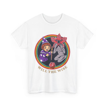 Luxury graphic t-shirt featuring a whimsical design of a cartoon wizard girl and a stylised creature, showcasing the phrase 'WILL THE WISE', ideal for fans of Stranger Things and Dungeons & Dragons.