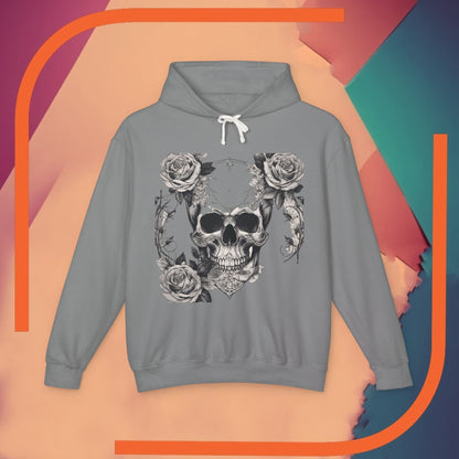 Sophisticated Unisex Lightweight Hooded Sweatshirt with an exclusive skull and roses artwork, displayed in a modern artistic environment.