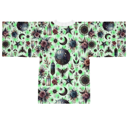 Floral Kimono Robe design featuring a vibrant botanical pattern of roses, moons, and stars, embodying elegance and luxury in women's robe fashion.