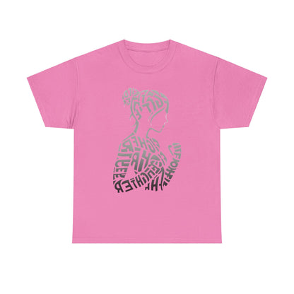 Fighter Girl Graphic Unisex T-Shirt in vibrant pink, adorned with a striking typography design of a bold female figure made of the words 'FIGHTER' and 'GIRL', epitomizing empowerment and artistic flair.