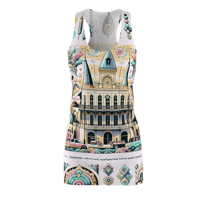 Elegant Celeste Carraway Racerback Dress featuring pastel colours and Mardi Gras patterns by Dazzling Dreams Studio, perfect for embodying New Orleans cultural spirit.