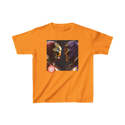 Kids Iron Man Heavy Cotton T-Shirt showcasing a vibrant orange colour with a striking Iron Man and Thanos print, perfect for young Marvel fans.