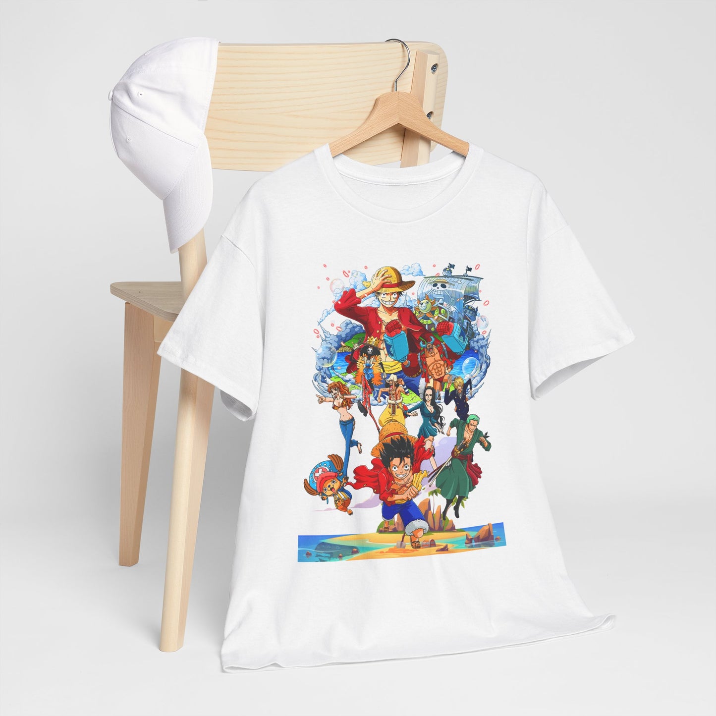 Artistic arrangement of a high-quality men's t-shirt highlighted against a stylish wooden chair, featuring captivating anime character illustrations.
