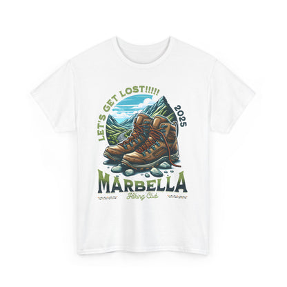 Marbella Hiking Club Unisex Graphic Tee featuring a stunning design with hiking boots and mountainous scenery, perfect for adventurous souls seeking style in premium cotton.