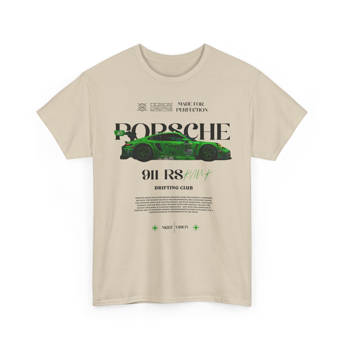 Front view of a beige men's t-shirt featuring a striking graphic of the Porsche 911 RS, highlighting its sleek design and the slogan 'DRIFTING CLUB' for automotive enthusiasts.