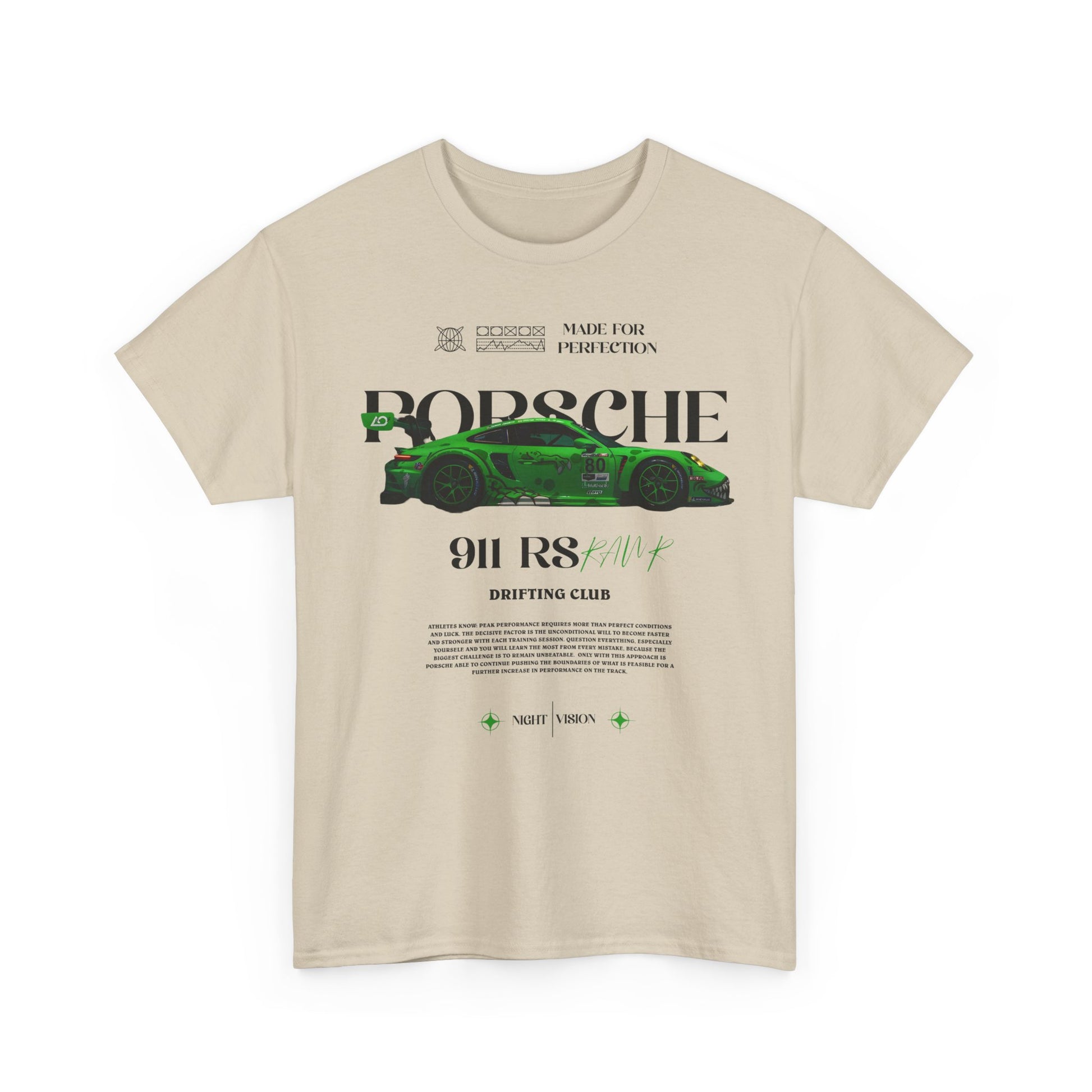 Front view of a beige men's t-shirt featuring a striking graphic of the Porsche 911 RS, highlighting its sleek design and the slogan 'DRIFTING CLUB' for automotive enthusiasts.