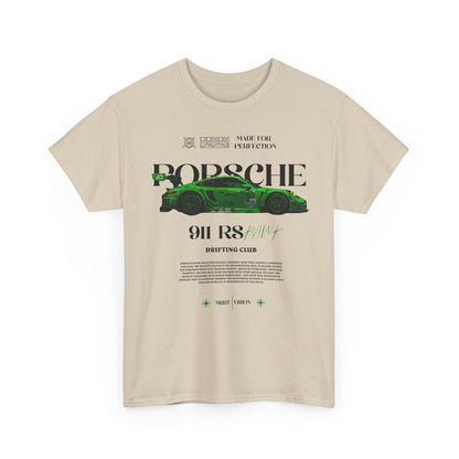 Front view of an elegant beige men's t-shirt featuring a striking Porsche 911 RS drifting club graphic, embodying automotive excellence.