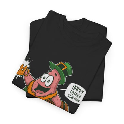 Funny Graphic Tee for St. Patrick's Day Featuring Patrick Star - Unisex Stylish T-Shirt, showcasing vibrant design with Patrick Star in Irish attire, holding a frothy beer and a vintage barrel.