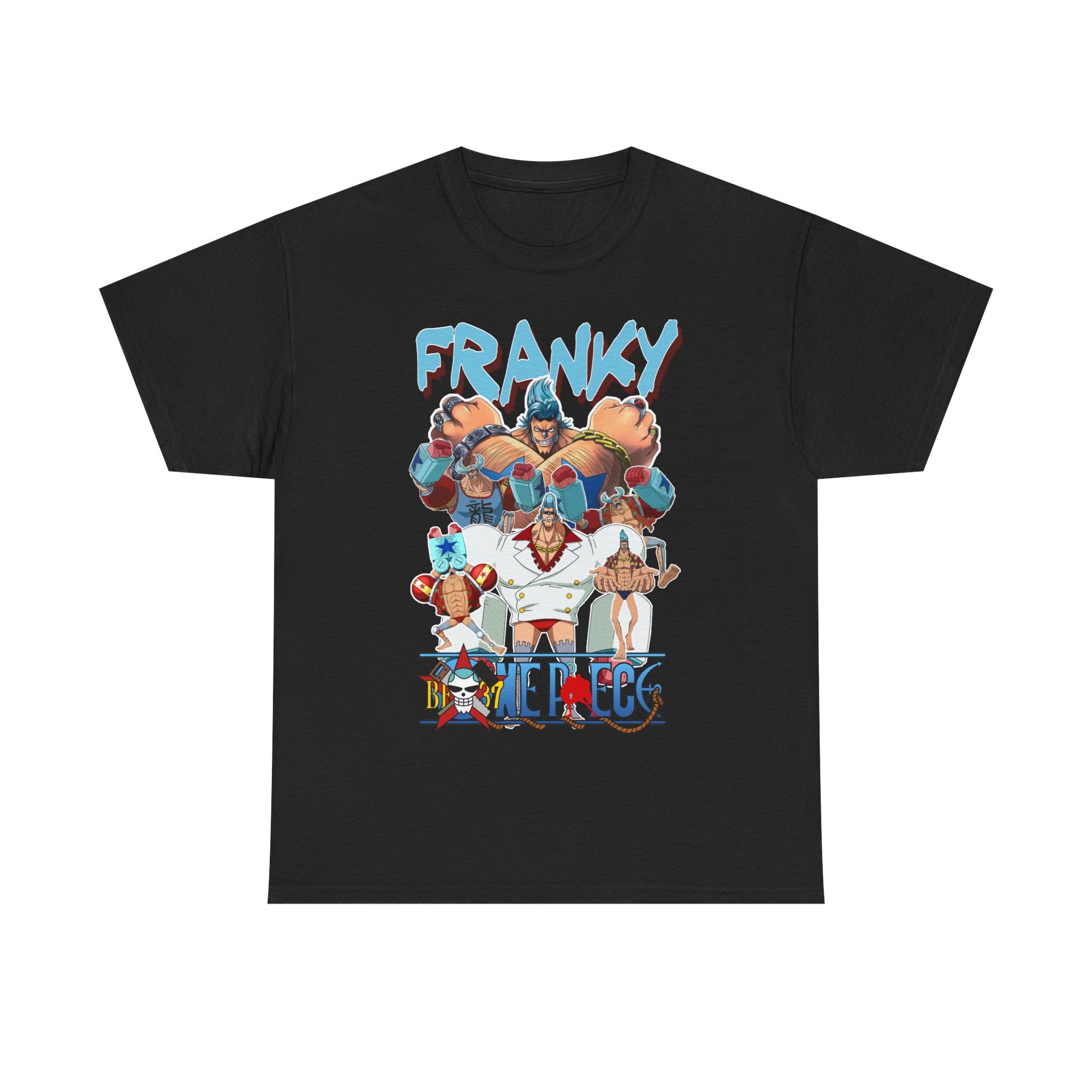 Sophisticated black t-shirt with an eye-catching 'One Piece' Franky graphic, offering a blend of anime art and contemporary style, designed for fans who desire to express their passion through luxe apparel.
