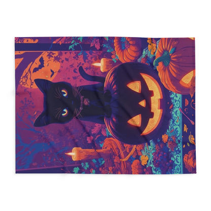 Artistic representation of the Decorative and Warm Halloween Spooky Arctic Fleece Blanket, featuring a striking black cat among pumpkins, emphasising its role as a luxurious addition to Halloween decorations.