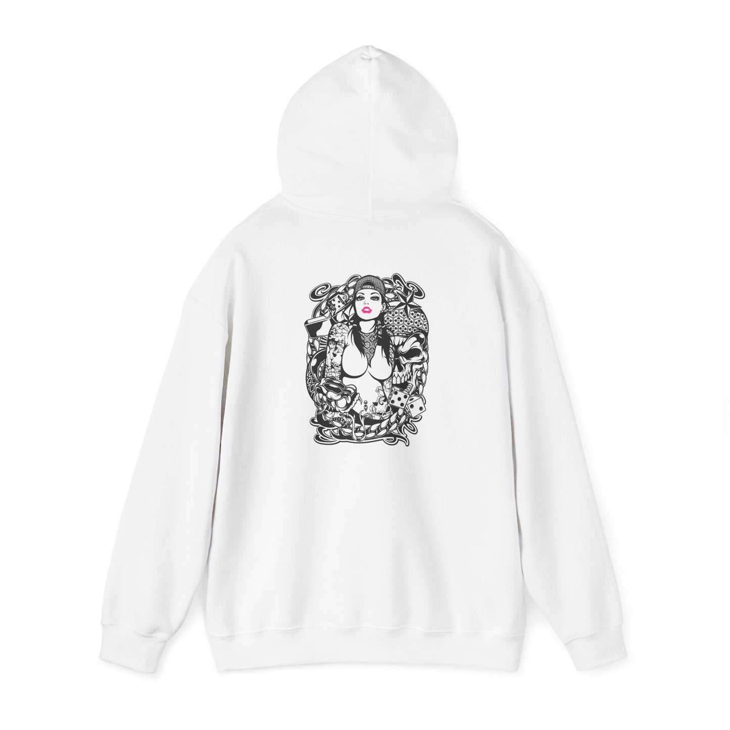 Artfully adorned white hoodie featuring a striking graphic design on the back, blending artistry and fashion.