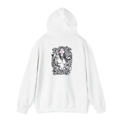 Artfully adorned white hoodie featuring a striking graphic design on the back, blending artistry and fashion.
