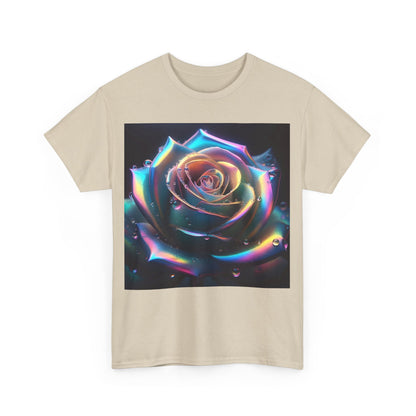 Ethereal Rose Tee Unisex Cotton Graphic T-Shirt in beige featuring a stunning close-up of a luminous rose design, adding a touch of artistic elegance.