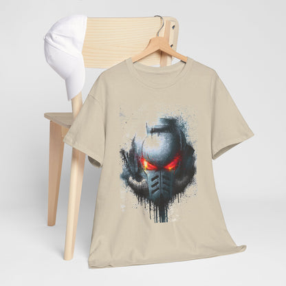 Graphic t-shirt elegantly draped over a chair, paired with a white cap, showcasing its unique helmet design for a chic casual look.