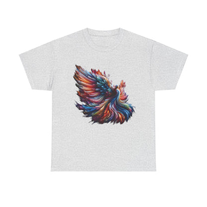 Majestic Angel Graphic Unisex T-Shirt featuring vibrant abstract art in premium cotton, showcasing a stunning multicoloured phoenix design on a light grey fabric.