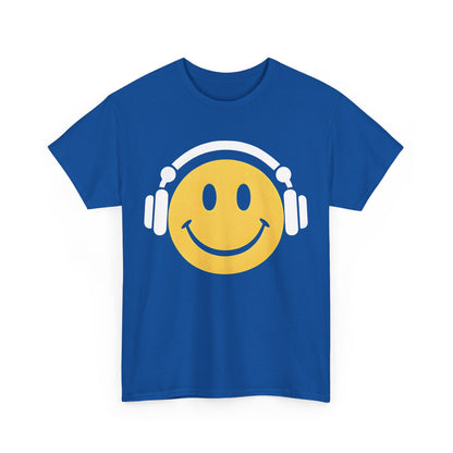 Enchanted Harmony Graphic T-Shirt in bright blue with a cheerful yellow smiley face and white headphones, embodying high-end fashion and playful nostalgia.