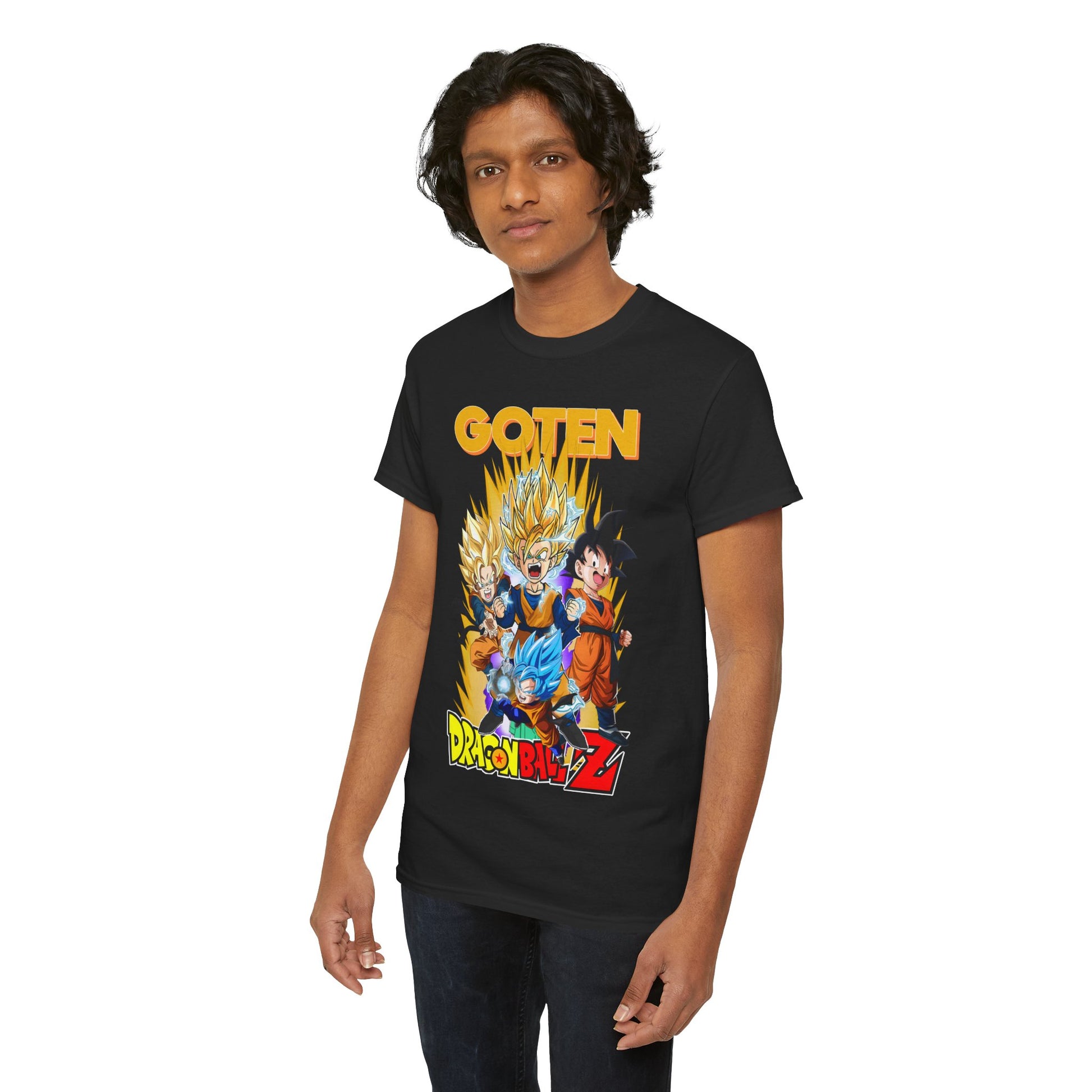 Stylish young man modelling a black Dragon Ball Z GOTEN T-shirt featuring iconic characters in bold, energetic graphic design, perfect for anime enthusiasts.