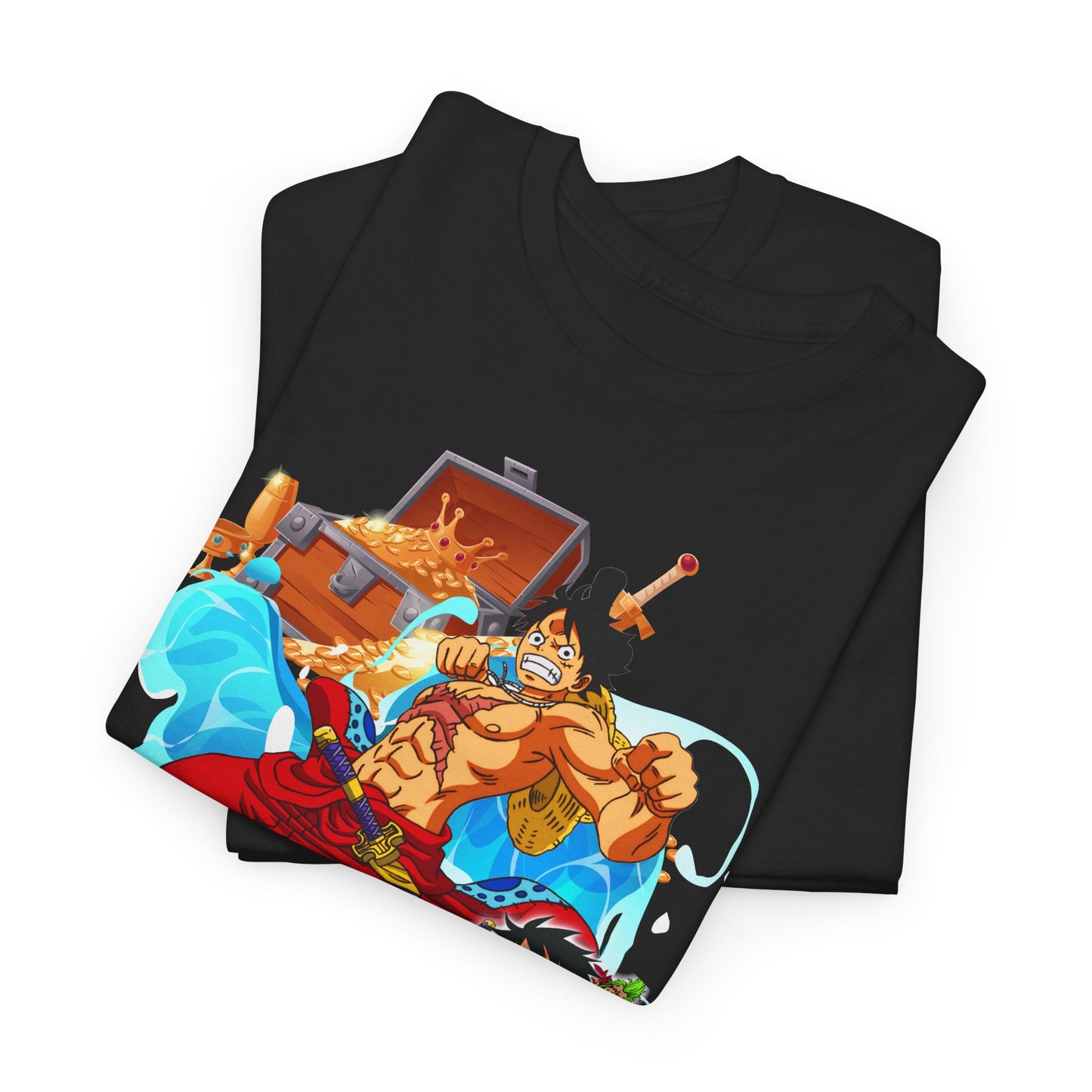 High-end black t-shirt showcasing a detailed anime illustration of heroic characters, embodying excitement and unity, ideal for trendsetters and anime lovers.