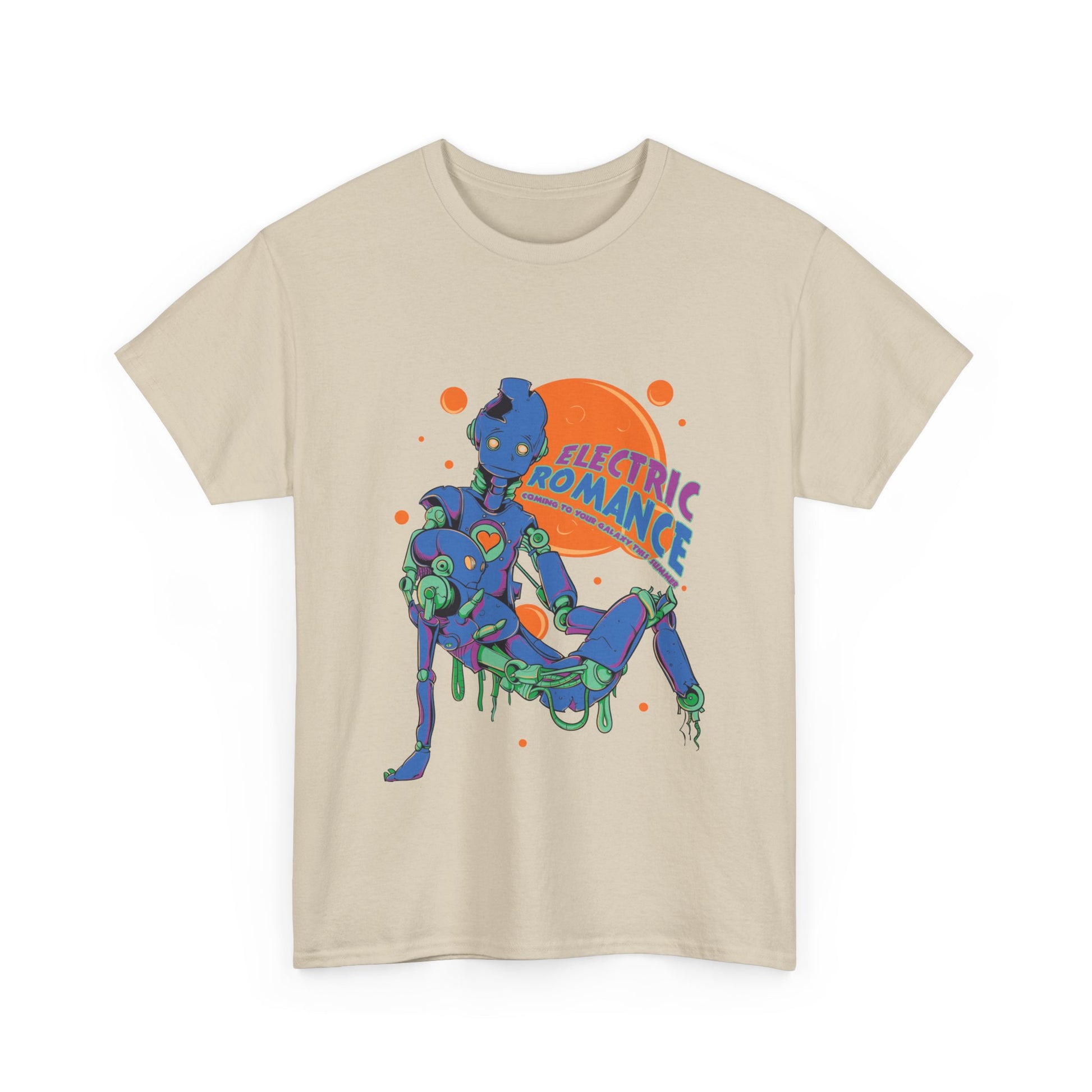 Front view of a luxurious beige men's t-shirt adorned with eye-catching robot art and 'Electric Romance' text, ideal for those who appreciate unique fashion.