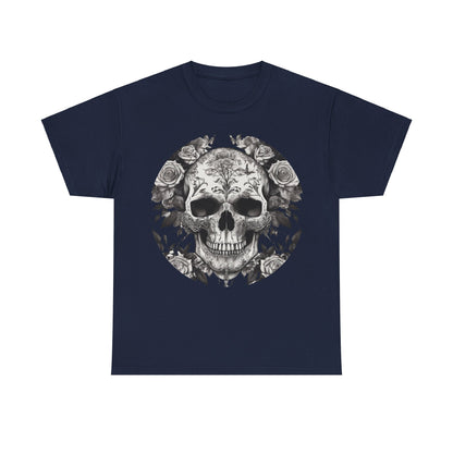 Front view of the Skulls and Roses Cotton Tee, Unisex Graphic Shirt, adorned with a striking steampunk skull and rose design.