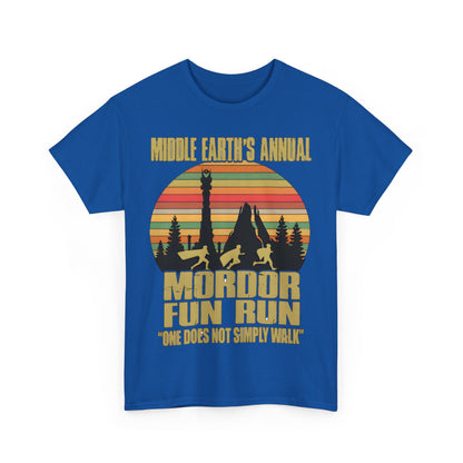 Luxury Mordor Annual Fun Run Tolkien Graphic Unisex Tee Shirt showcasing a vibrant design with bold text and retro-style emblem.