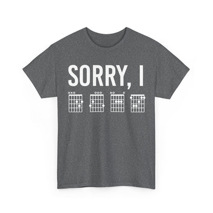 Embrace modern luxury with the Sorry I DGAF Graphic T-Shirt in a classic grey, featuring prominent chord illustrations, perfect for sophisticated casual wear.