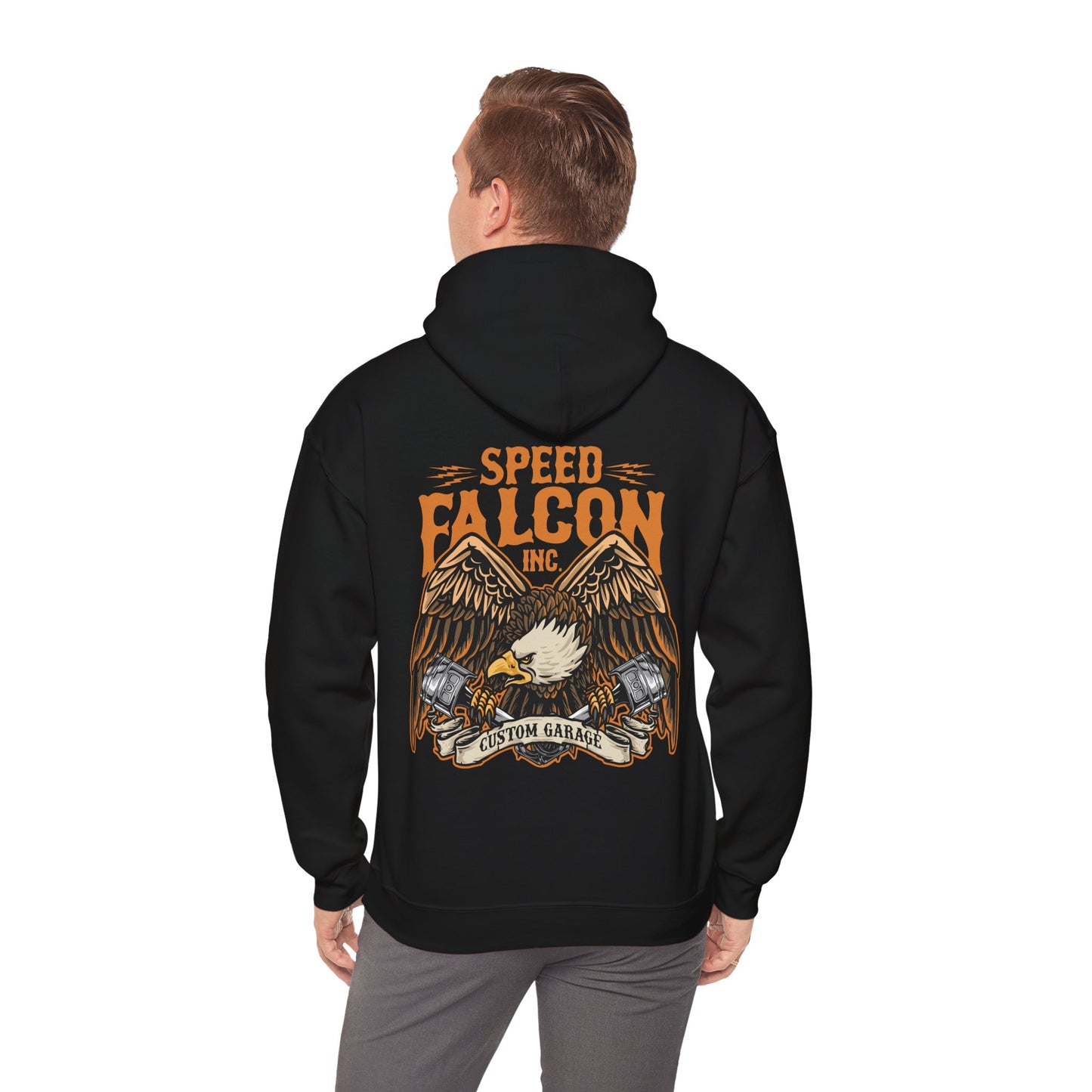 View of a black hoodie highlighting the fierce eagle graphic and 'SPEED FALCON INC.' branding, combining elegance with a touch of edge.