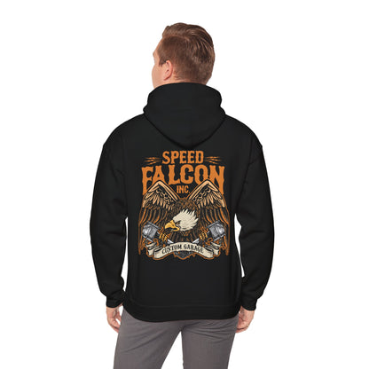 View of a black hoodie highlighting the fierce eagle graphic and 'SPEED FALCON INC.' branding, combining elegance with a touch of edge.