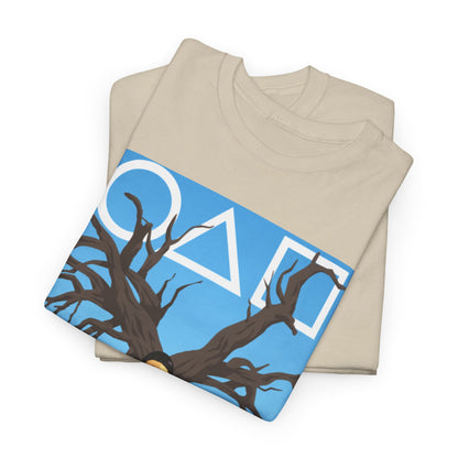 Stylishly folded unisex Squid Game t-shirts featuring an eye-catching graphic, perfect for the discerning individual looking to blend comfort with unique artistic flair.