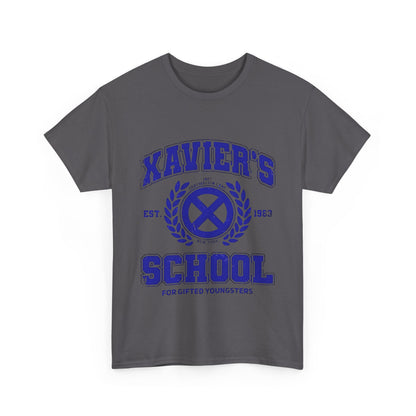 Chic front view of the stylish Xavier's School for Gifted Youngsters t-shirt, featuring a striking blue graphic emblem.