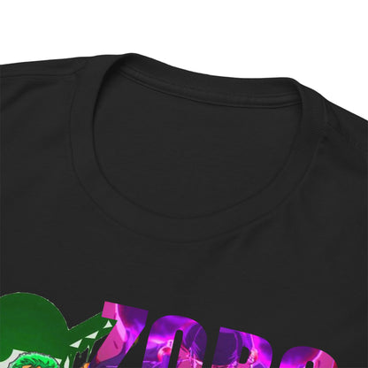 Close-up of the luxurious neckline and fabric of the Roronoa Zoro graphic t-shirt, highlighting its premium quality and intricate design.