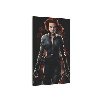 Marvel Black Widow Metal Art Poster showcased in a sleek display, emphasising its high-quality matte aluminium craftsmanship and captivating design.