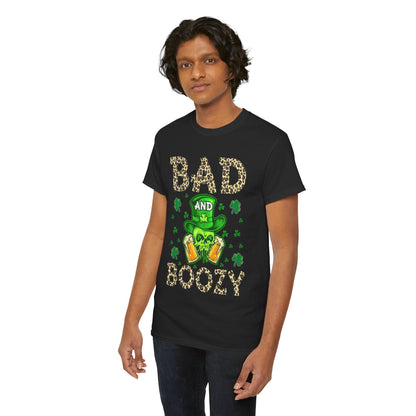Stylish model showcasing the Bad And Boozy St. Patrick's Day T-Shirt, featuring a playful leprechaun graphic, perfect for St. Patrick's Day festivities.