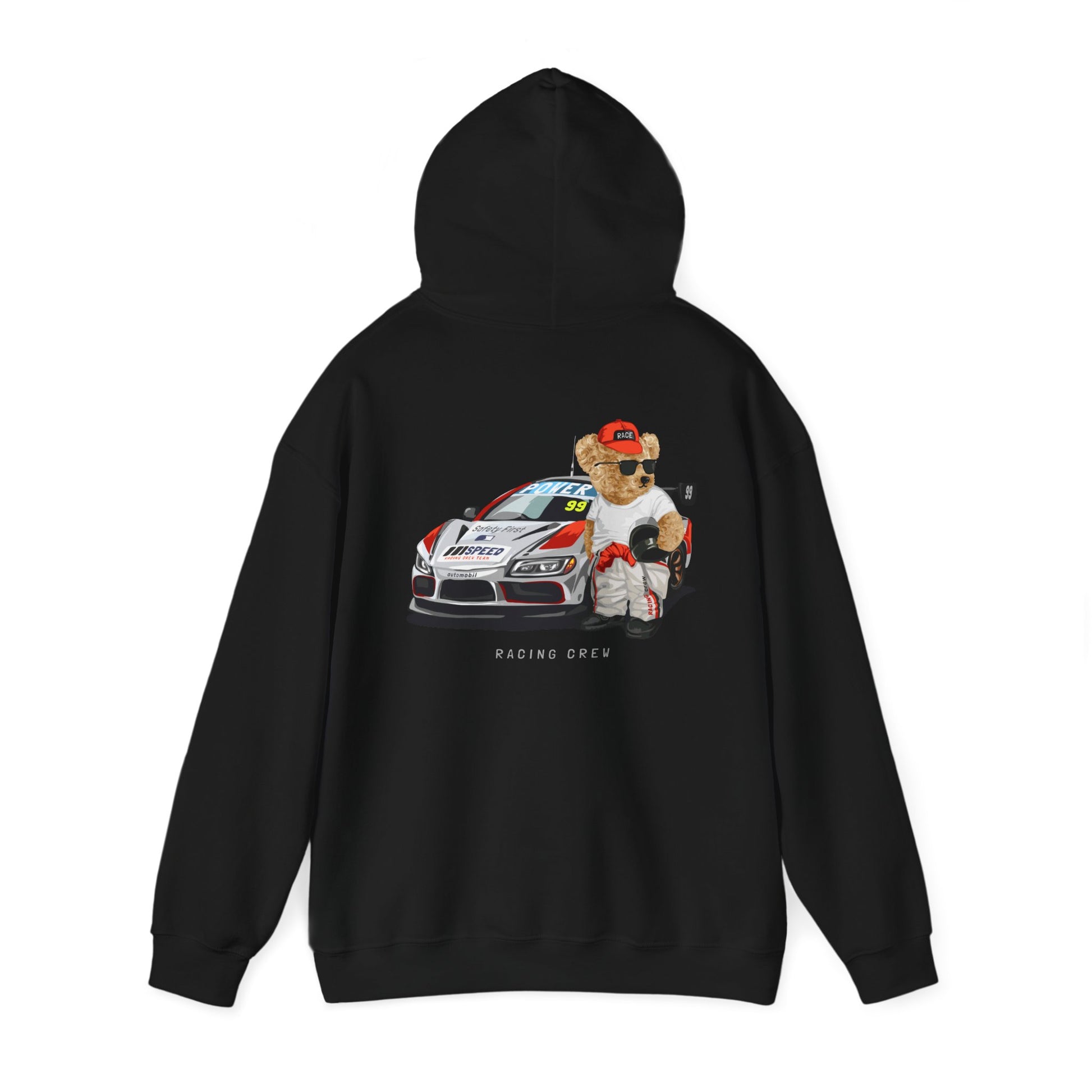 Elegant black hoodie displaying a whimsical illustration of a teddy bear in a racing outfit, complemented by a dynamic race car, ideal for fashionable racing fans.