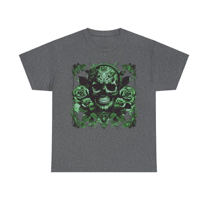 Skulls and Roses Cotton Tee in dark grey, showcasing a stunning skull and rose design, perfect for those who desire edgy luxury in a unisex graphic shirt.