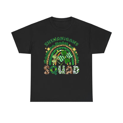 St Patricks Day Unisex Men's Women's Graphic Cotton Funny T Shirt Tee Vintage showcasing a playful 'Shenanigan's Squad' design featuring vibrant green colours, shamrocks, and leopard patterns.