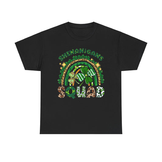 St Patricks Day Unisex Men's Women's Graphic Cotton Funny T Shirt Tee Vintage showcasing a playful 'Shenanigan's Squad' design featuring vibrant green colours, shamrocks, and leopard patterns.
