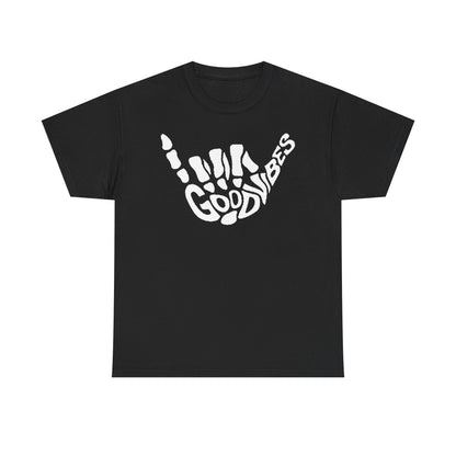 Stylish men's t-shirt in black featuring a bold skeletal hand gesture and the phrase 'GOOD VIBES' in a modern graphic design.