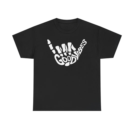 Stylish men's t-shirt in black featuring a bold skeletal hand gesture and the phrase 'GOOD VIBES' in a modern graphic design.