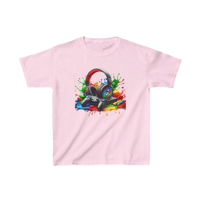 Unisex Children's Gaming Graphic Cotton Tee in Pink with vibrant gaming headphones and splashes of color - Ultimate Comfort & Style.