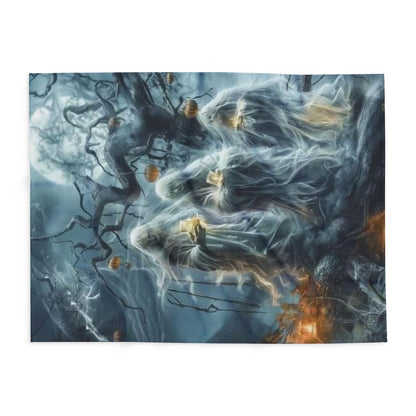 Artistic view of the Decorative and Warm Halloween Spooky Arctic Fleece Blanket depicting ethereal ghosts and pumpkins, perfect for a luxurious seasonal touch.