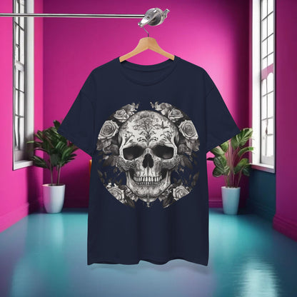 Stylish Skulls and Roses Cotton Tee in navy, featuring an intricate skull design surrounded by delicate roses, perfect for elevating your luxury casual wardrobe.