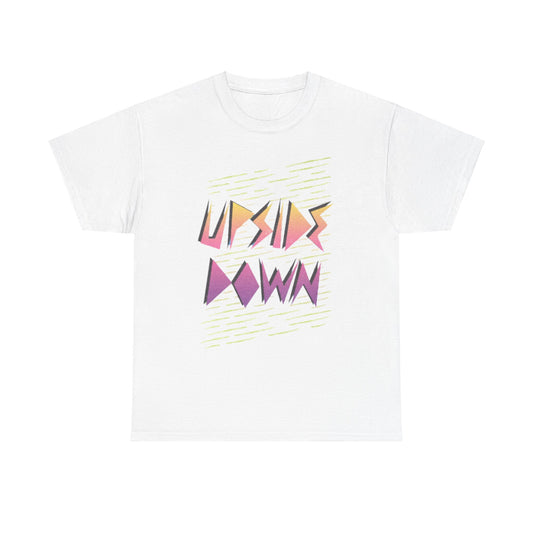 Chic graphic t-shirt showcasing the artistic design of 'UPSIDE DOWN' in pastel hues, ideal for a statement piece in urban wardrobes.