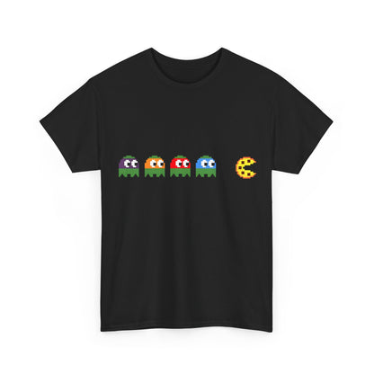 Stylish Teenage Mutant Ninja Turtles Pizza Pacman Graphic Unisex Tee Shirt featuring pixelated ghost designs chasing a pizza icon in vibrant colours on a black background.