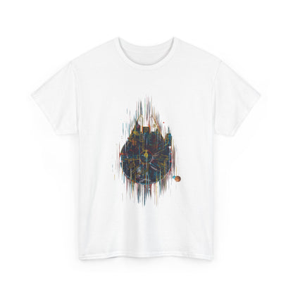 Front view of the elegant white Millenium Falcon Abstract Art Graphic T-Shirt featuring an artistic graphic of the legendary spaceship, perfect for sci-fi enthusiasts.